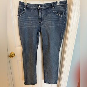 Chico’s Platinum Stretch Jeans with Clear Crystal Embellishment Sz 3 (16)